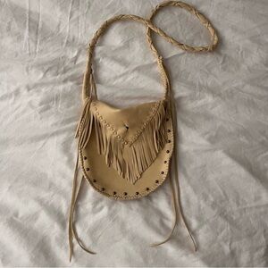 Artisan Made Cream Western Leather Fringe Bag with Metal Studs